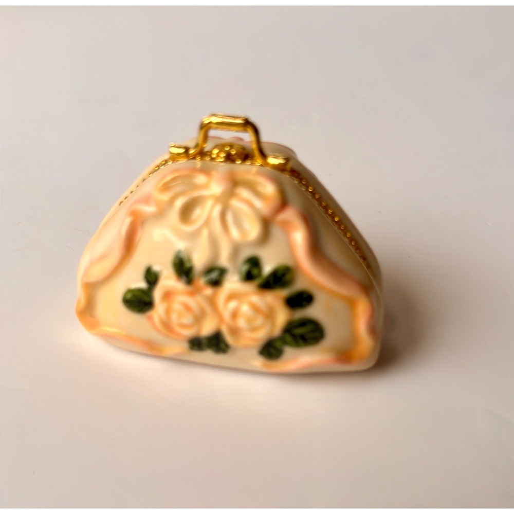 Vintage Floral Porcelain Handbag Trinket Box Yellow Rose Pink Bow Gold Clasp